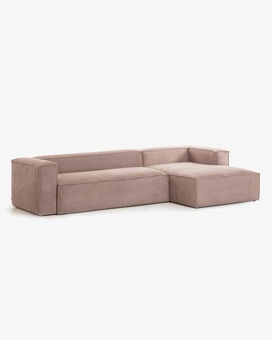 Blok 4 seater sofa with right hand chaise longue in pink wide seam corduroy, 330 cm