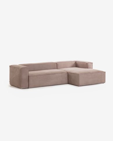 Blok 3 seater sofa with right hand chaise longue in pink wide seam corduroy, 300 cm